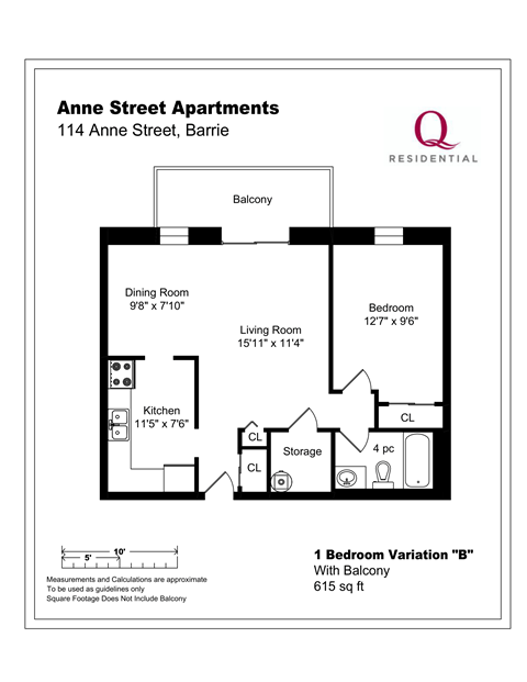 Floor plan for 1 bed, 1 bath, 615 sqft